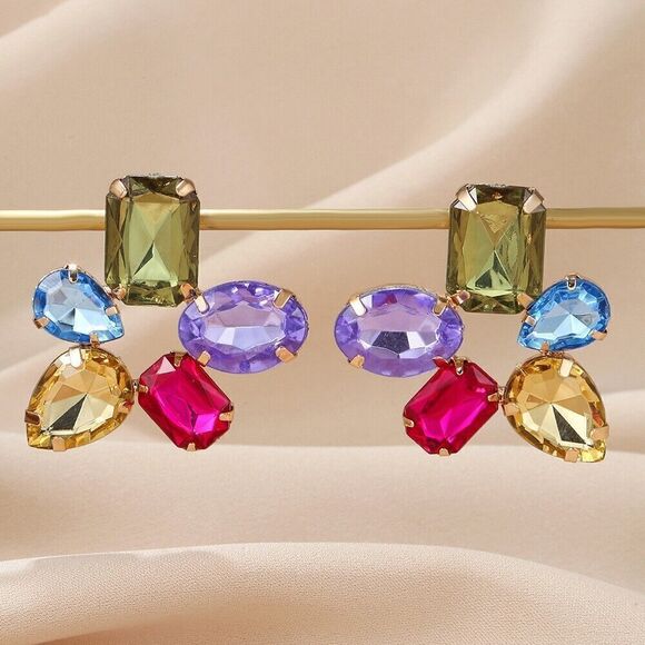 Goldtone Multicolor Faux Gemstone Drop Earrings - Picture 5 of 6